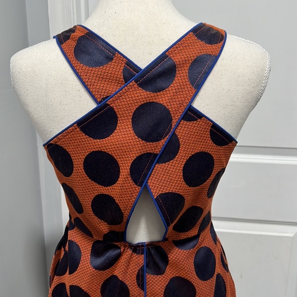 Anthropologie Maeve Rokin Dress Polka Dot Sleeveless Cross Back Blue Orange Sz 0 - Picture 6 of 11